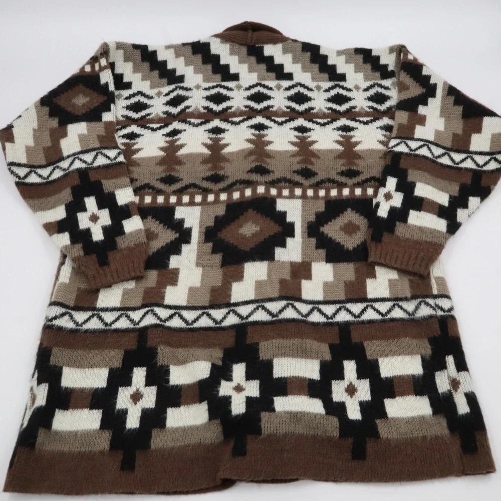 Yarnworks Cardigan Sweater Womens Medium Brown Southwestern Geometric Shawl Open